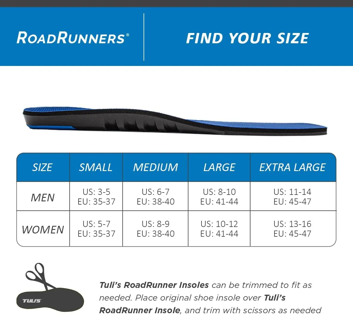 Tuli's RoadRunners, Shoe Replacement Arch Support Insoles with Shock Absorption and Cushioning, Small