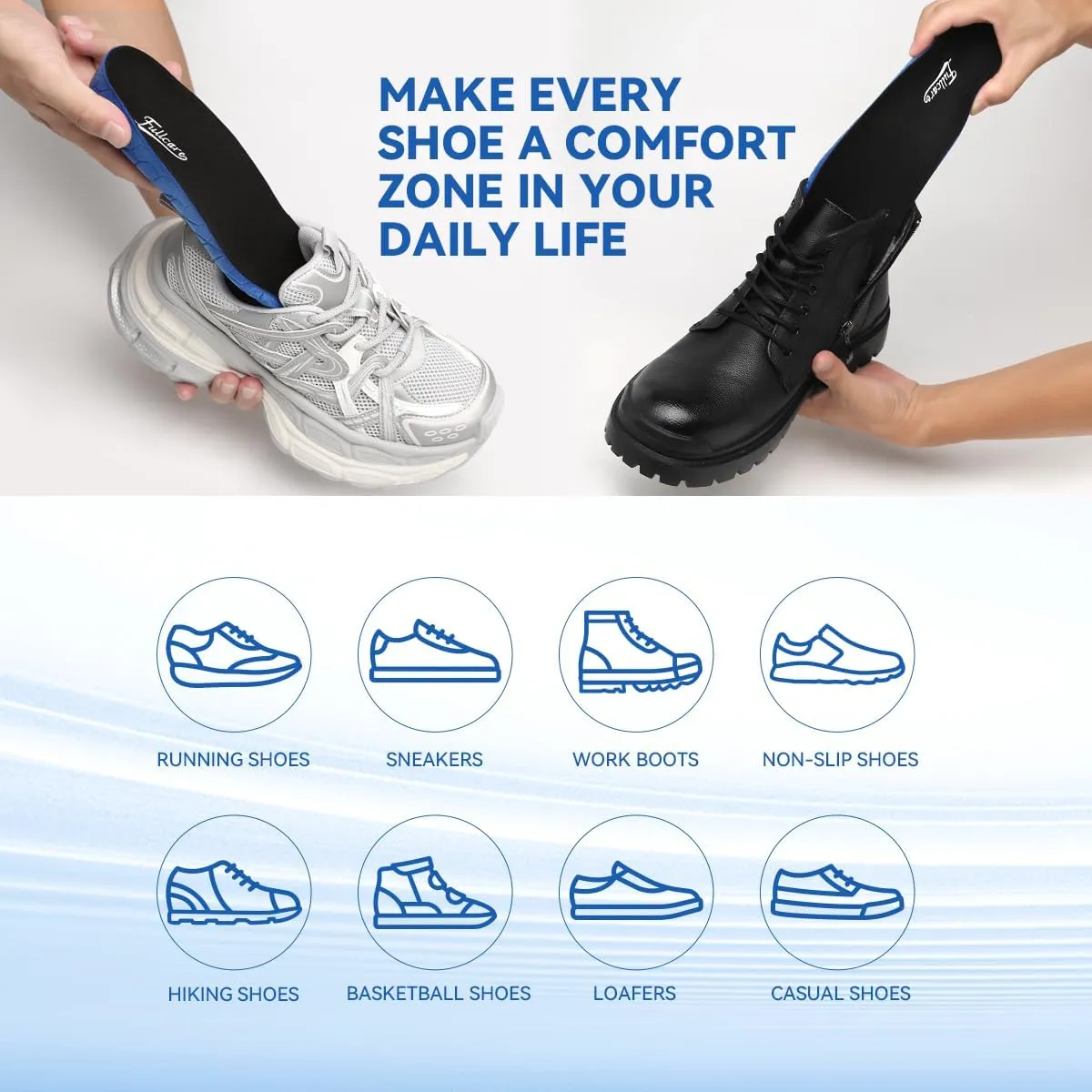 Unisex Comfort Cushioned Shoe Insole Arch Support Orthotics Work Boots Insert Providing Excellent Shock Absorption Pain Relief Men Women Plantar Fasciitis Insoles