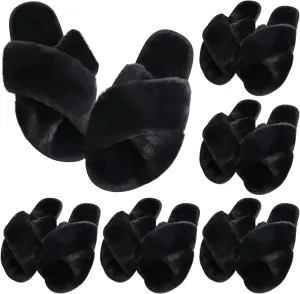VAIPI 6 Pairs Women's Cross Band Slippers Fuzzy Plush House Bridesmaid Slipper White|Black Open Toe Fluffy Slipper Soft Warm Bridal Slippers
