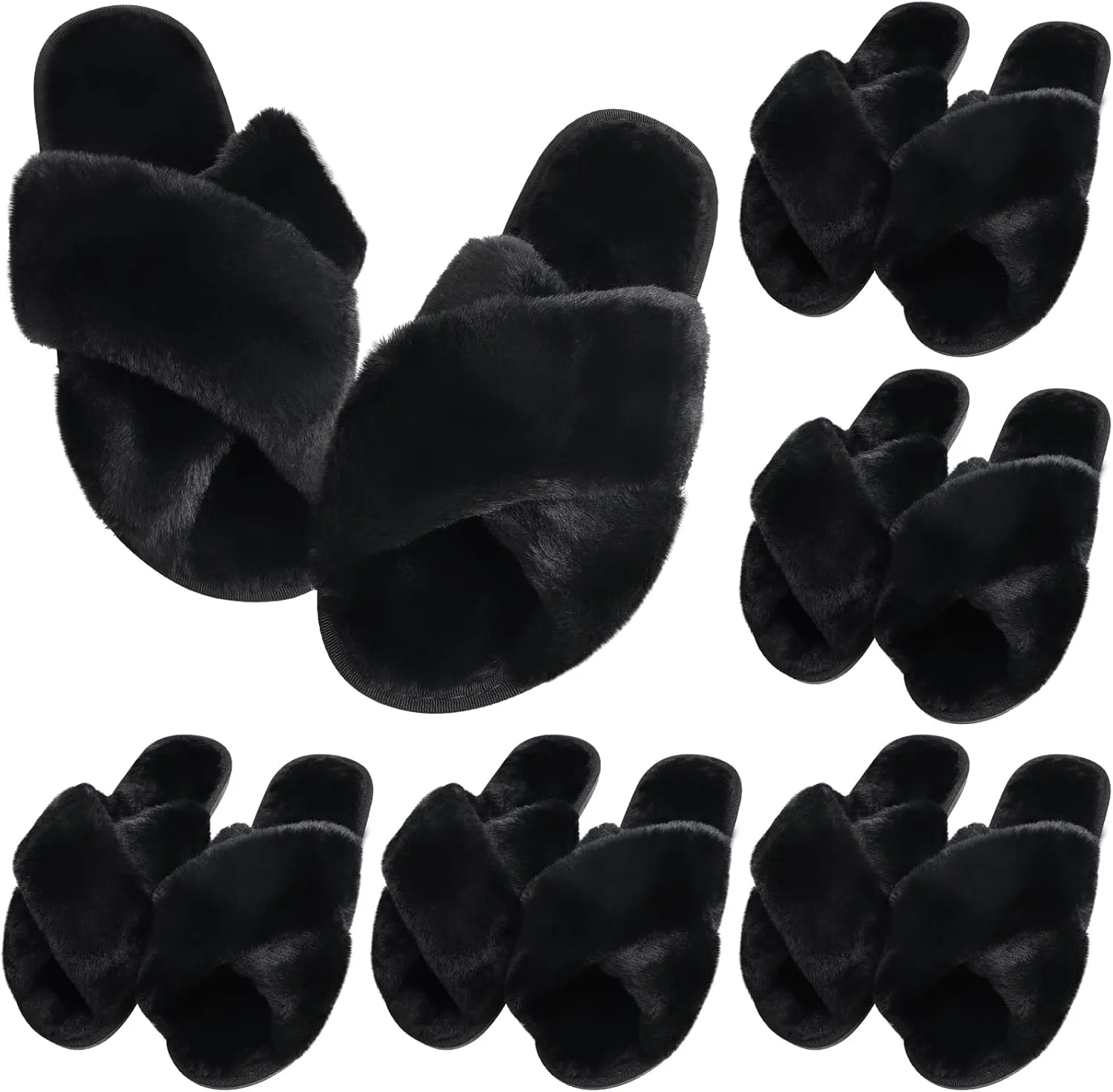 VAIPI 6 Pairs Women's Cross Band Slippers Fuzzy Plush House Bridesmaid Slipper White|Black Open Toe Fluffy Slipper Soft Warm Bridal Slippers