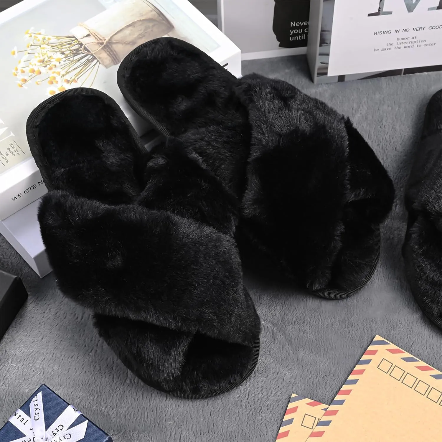 VAIPI 6 Pairs Women's Cross Band Slippers Fuzzy Plush House Bridesmaid Slipper White|Black Open Toe Fluffy Slipper Soft Warm Bridal Slippers