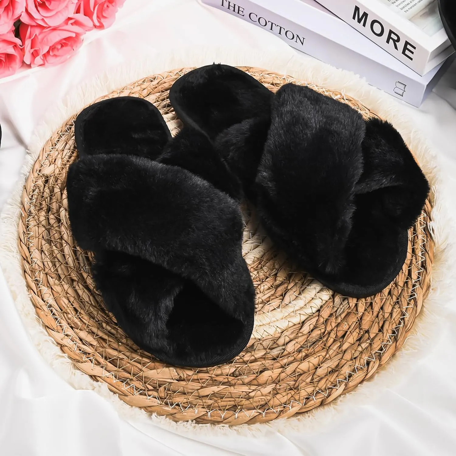 VAIPI 6 Pairs Women's Cross Band Slippers Fuzzy Plush House Bridesmaid Slipper White|Black Open Toe Fluffy Slipper Soft Warm Bridal Slippers