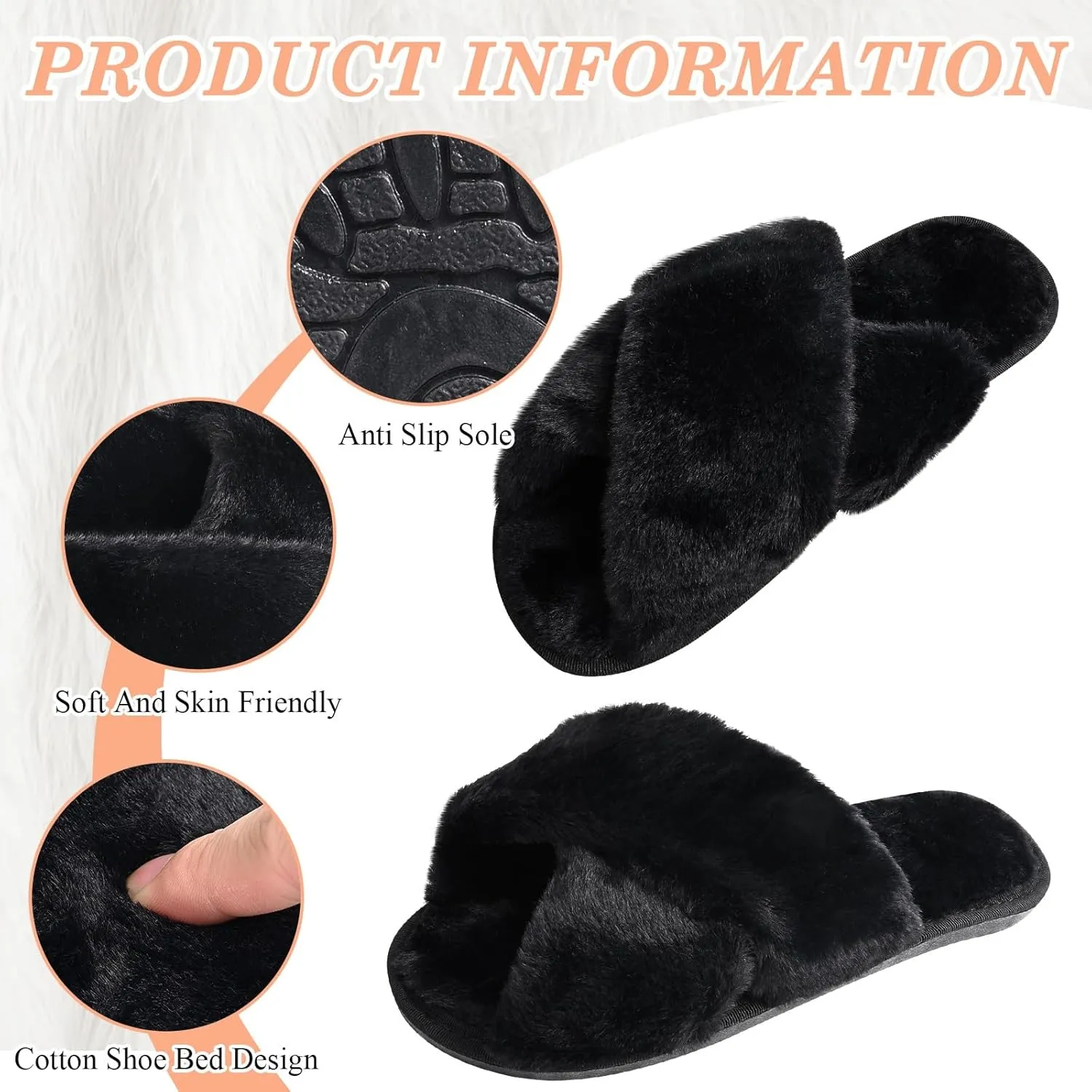 VAIPI 6 Pairs Women's Cross Band Slippers Fuzzy Plush House Bridesmaid Slipper White|Black Open Toe Fluffy Slipper Soft Warm Bridal Slippers