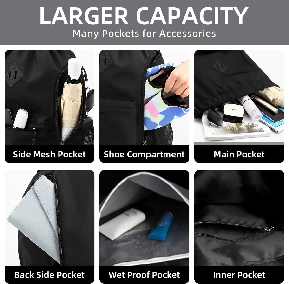 Valleycomfy Waterproof Drawstring Gym Backpack Bag for Men & Women,Sports Gym Bag with Side Pocket Dark Grey