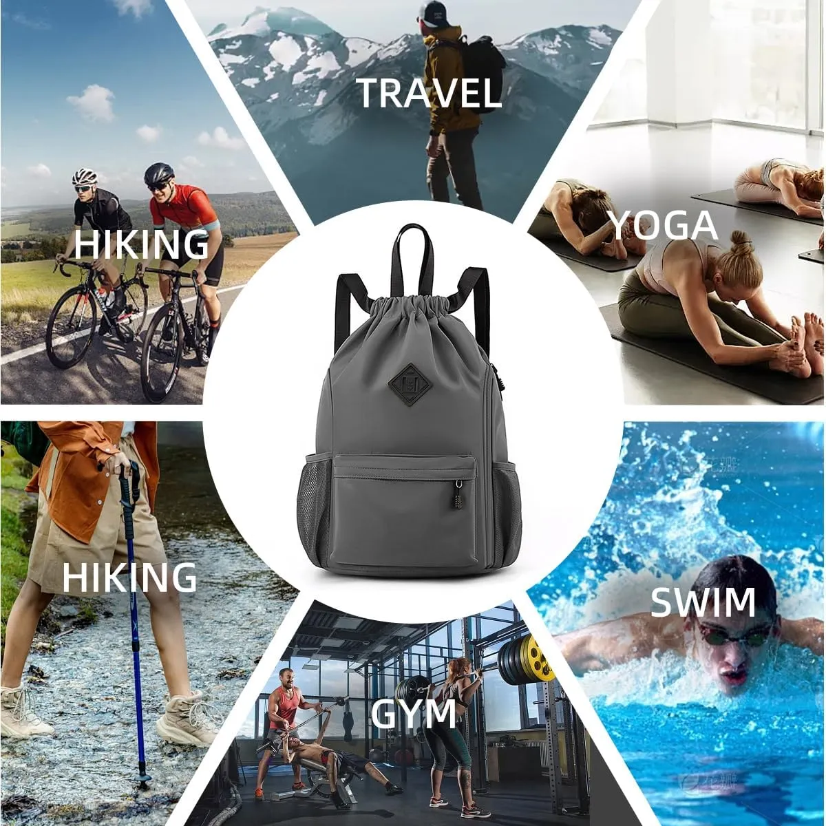 Valleycomfy Waterproof Drawstring Gym Backpack Bag for Men & Women,Sports Gym Bag with Side Pocket Dark Grey