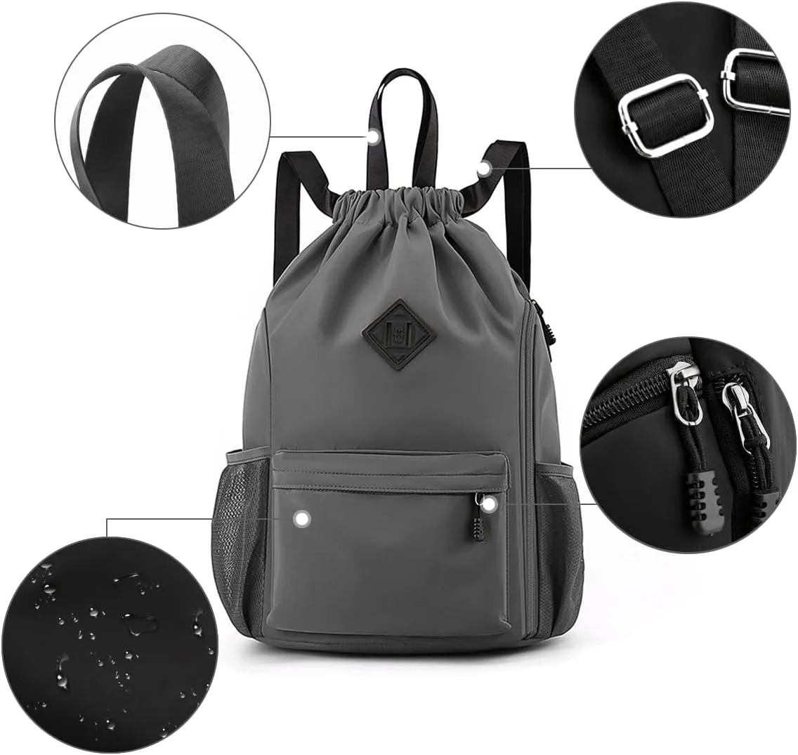 Valleycomfy Waterproof Drawstring Gym Backpack Bag for Men & Women,Sports Gym Bag with Side Pocket Dark Grey