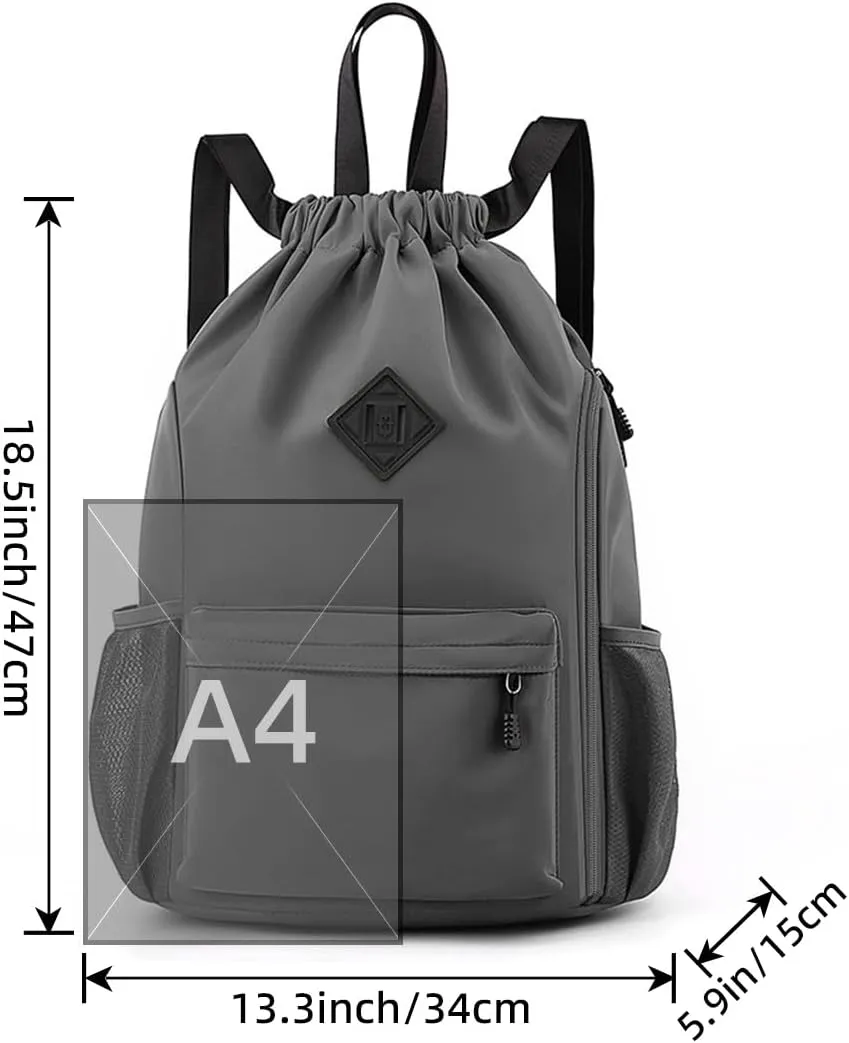 Valleycomfy Waterproof Drawstring Gym Backpack Bag for Men & Women,Sports Gym Bag with Side Pocket Dark Grey