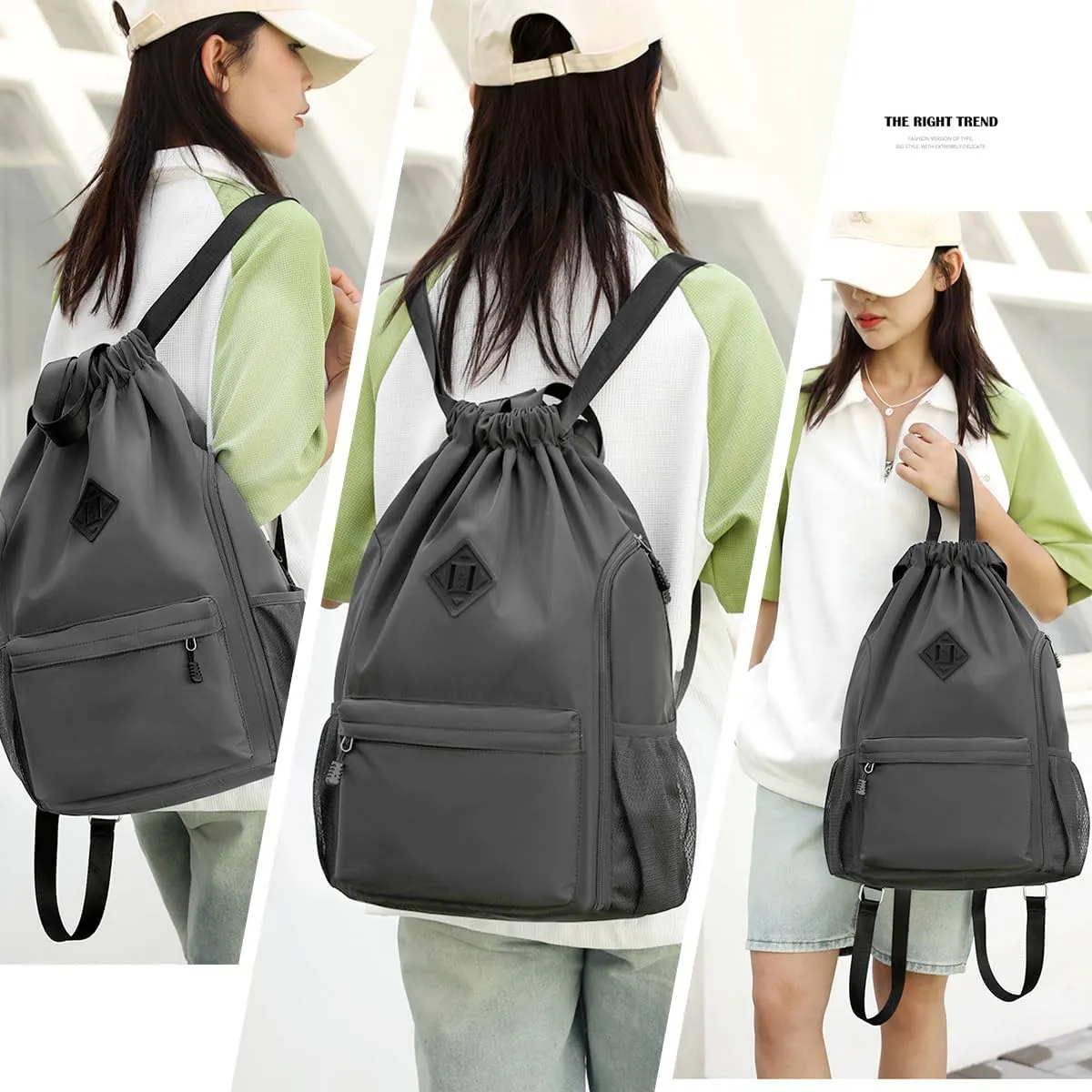 Valleycomfy Waterproof Drawstring Gym Backpack Bag for Men & Women,Sports Gym Bag with Side Pocket Dark Grey
