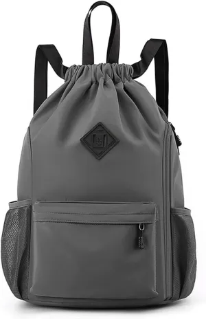 Valleycomfy Waterproof Drawstring Gym Backpack Bag for Men & Women,Sports Gym Bag with Side Pocket Dark Grey
