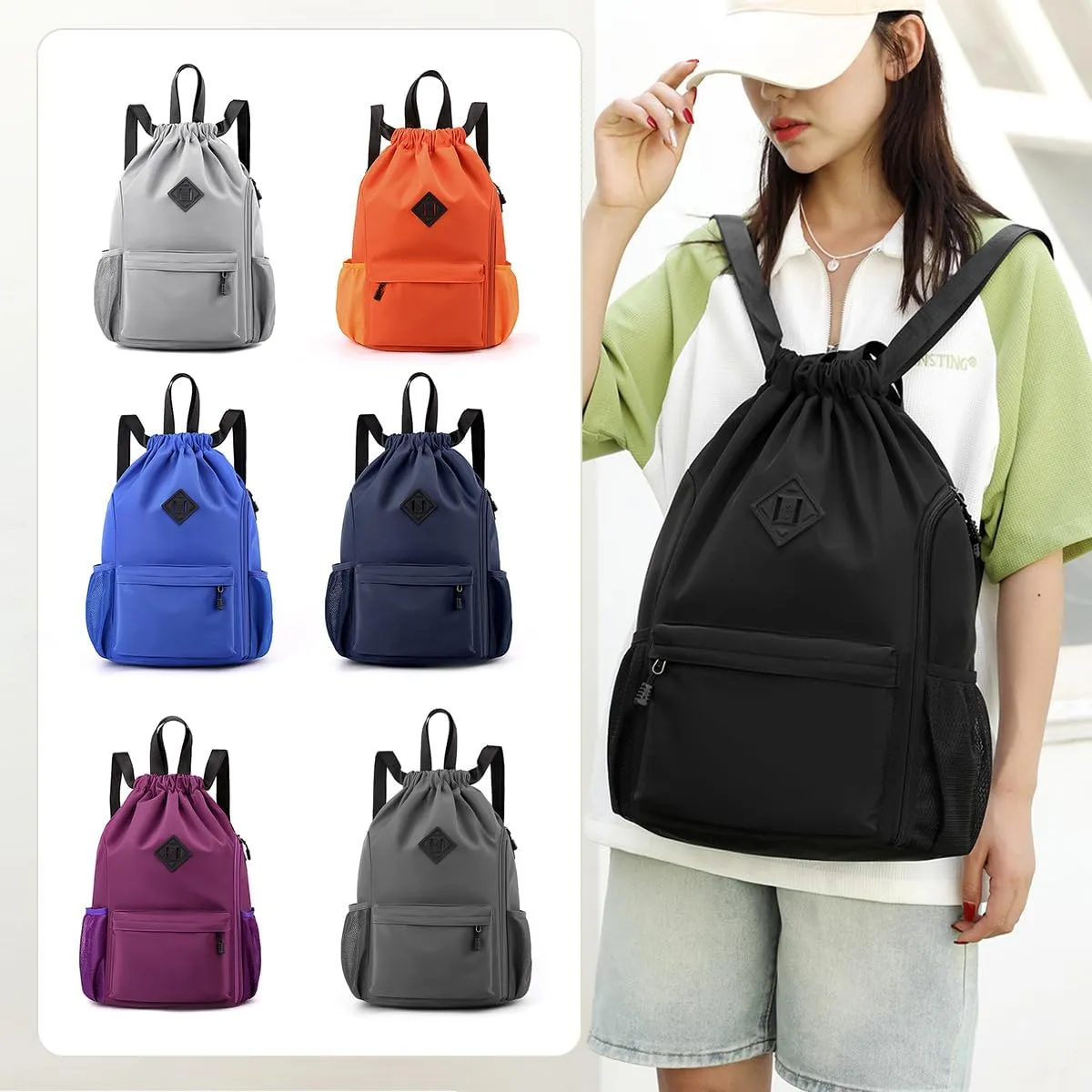 Valleycomfy Waterproof Drawstring Gym Backpack Bag for Men & Women,Sports Gym Bag with Side Pocket Dark Grey