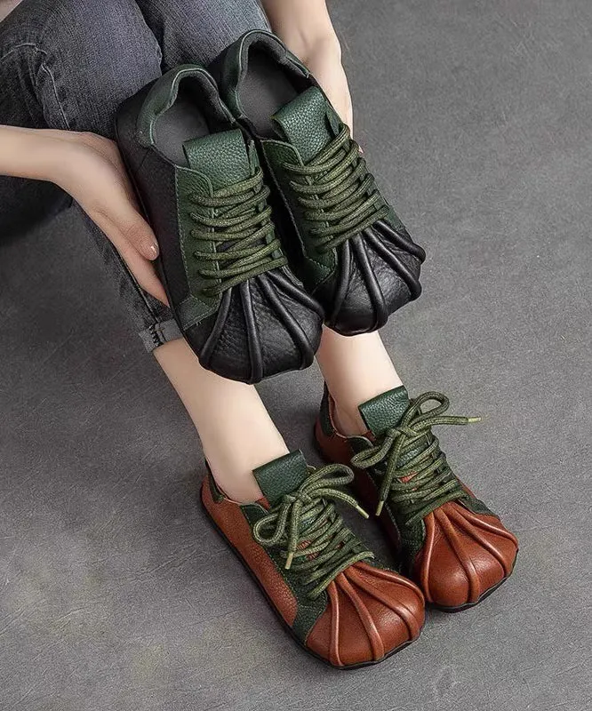 Vintage Green Cowhide Leather Flat Shoes Splicing Lace Up