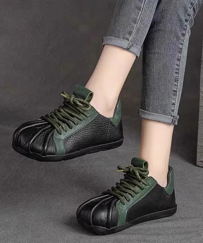 Vintage Green Cowhide Leather Flat Shoes Splicing Lace Up