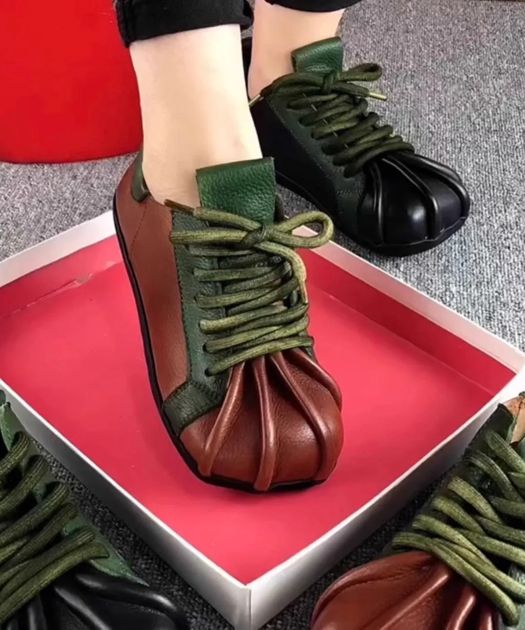 Vintage Green Cowhide Leather Flat Shoes Splicing Lace Up