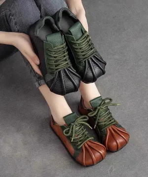 Vintage Green Cowhide Leather Flat Shoes Splicing Lace Up