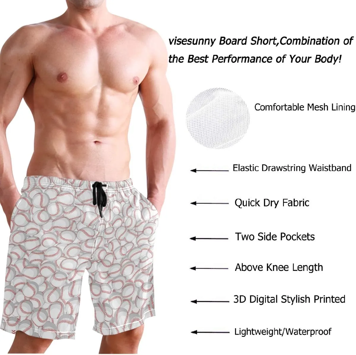 visesunny Stylish Mens Swim Trunks Quick Dry Beachwear Sports Swim Board Shorts Holiday Party Bathing Suits