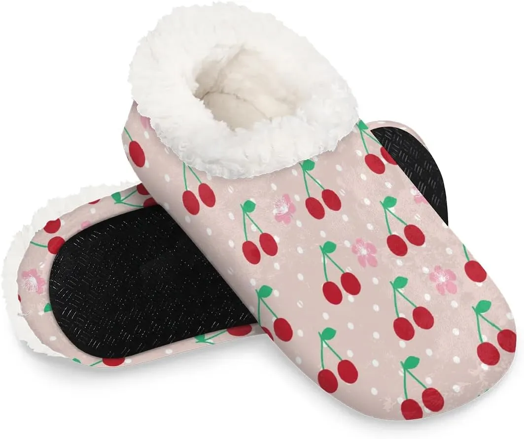 Watercolor Cherry Flower Dots Slipper for Women and Men Non-Slip Fuzzy Slipper Socks Memory Foam Slippers Winter Warm Home Slippers Fur Lining