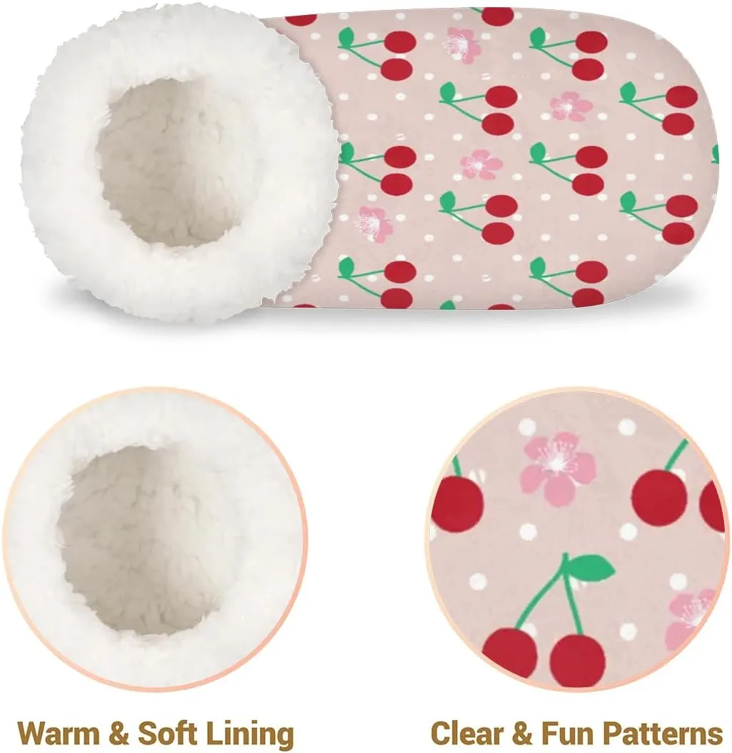 Watercolor Cherry Flower Dots Slipper for Women and Men Non-Slip Fuzzy Slipper Socks Memory Foam Slippers Winter Warm Home Slippers Fur Lining