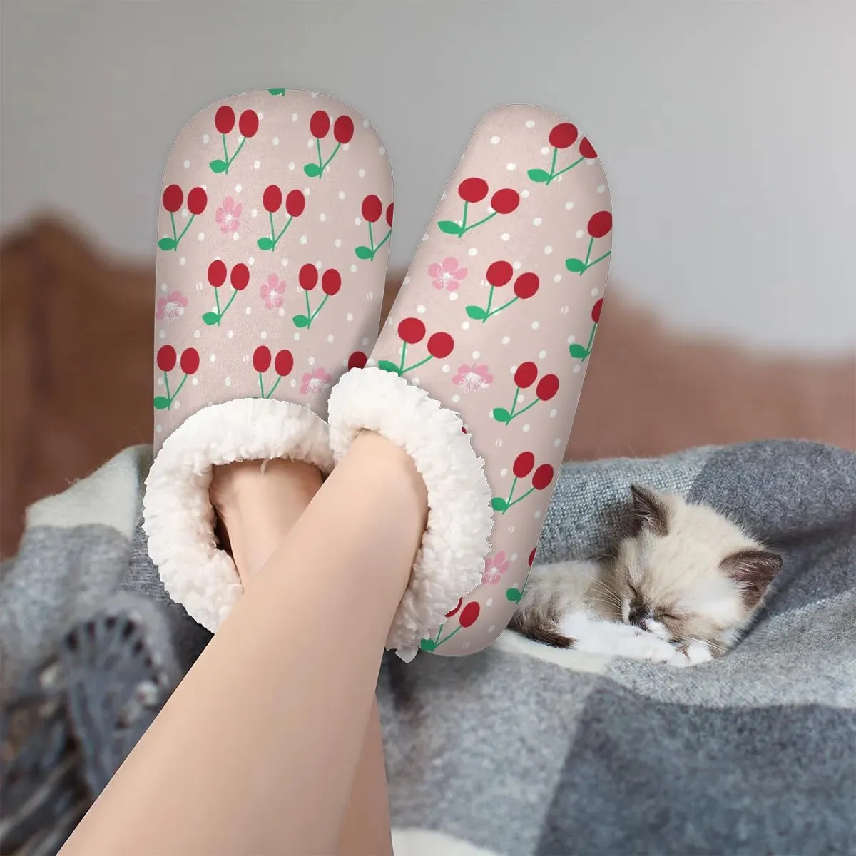 Watercolor Cherry Flower Dots Slipper for Women and Men Non-Slip Fuzzy Slipper Socks Memory Foam Slippers Winter Warm Home Slippers Fur Lining