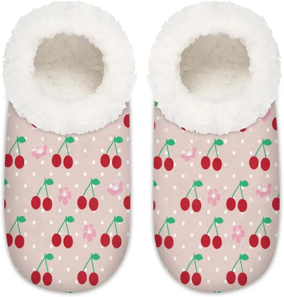 Watercolor Cherry Flower Dots Slipper for Women and Men Non-Slip Fuzzy Slipper Socks Memory Foam Slippers Winter Warm Home Slippers Fur Lining