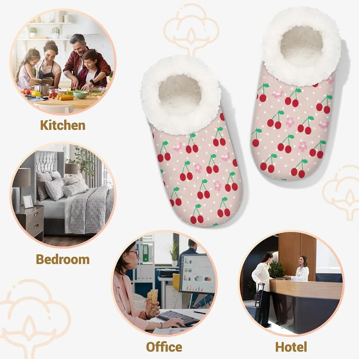 Watercolor Cherry Flower Dots Slipper for Women and Men Non-Slip Fuzzy Slipper Socks Memory Foam Slippers Winter Warm Home Slippers Fur Lining