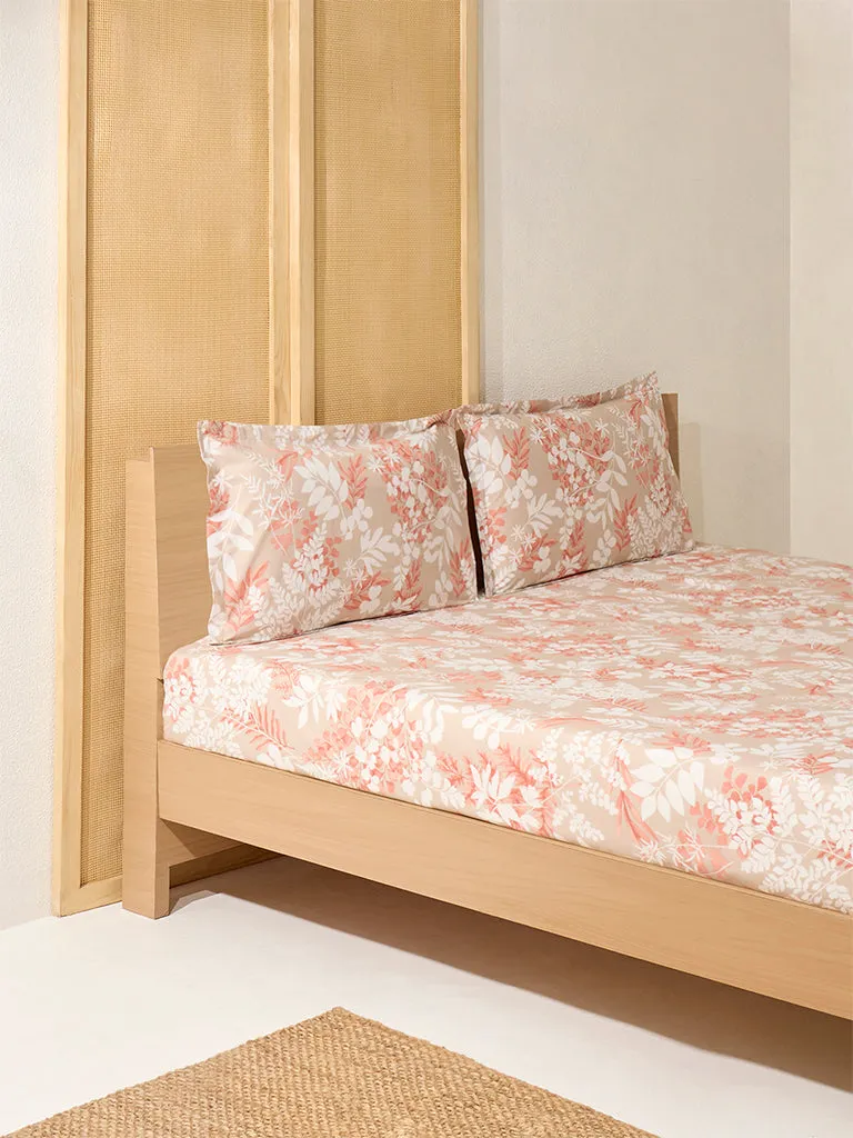 Westside Home Beige Botanical Queen Bed Flat Sheet and Pillowcase Set