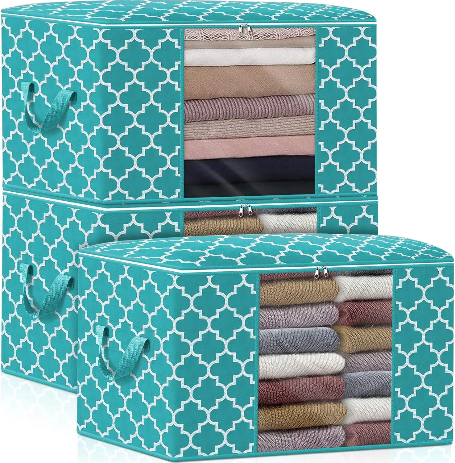 WISELIFE Storage Bags 100L 3-Pack Large Blanket Clothes Organization and Storage Containers for Bedding, Comforters, Foldable Organizer with Reinforced Handle, Clear Window, Sturdy Zippers,Green