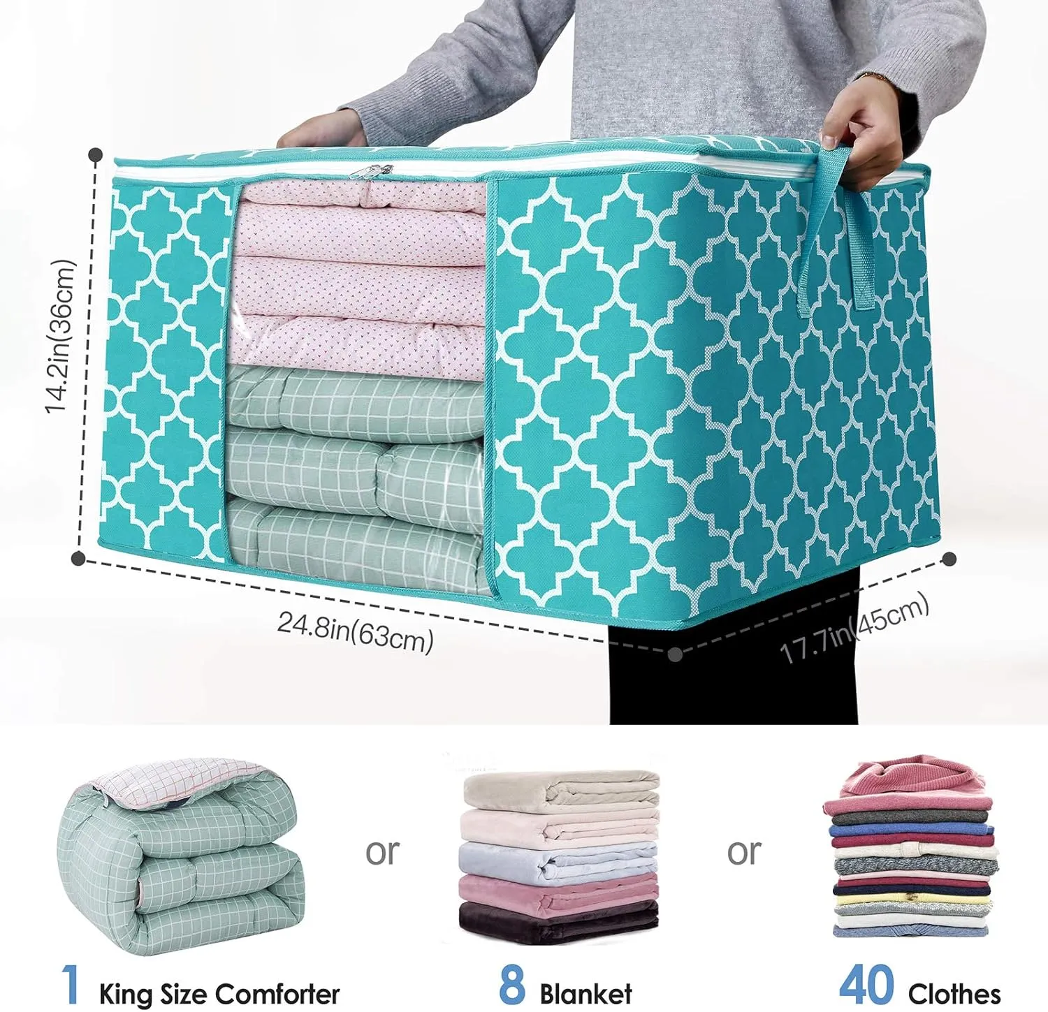 WISELIFE Storage Bags 100L 3-Pack Large Blanket Clothes Organization and Storage Containers for Bedding, Comforters, Foldable Organizer with Reinforced Handle, Clear Window, Sturdy Zippers,Green