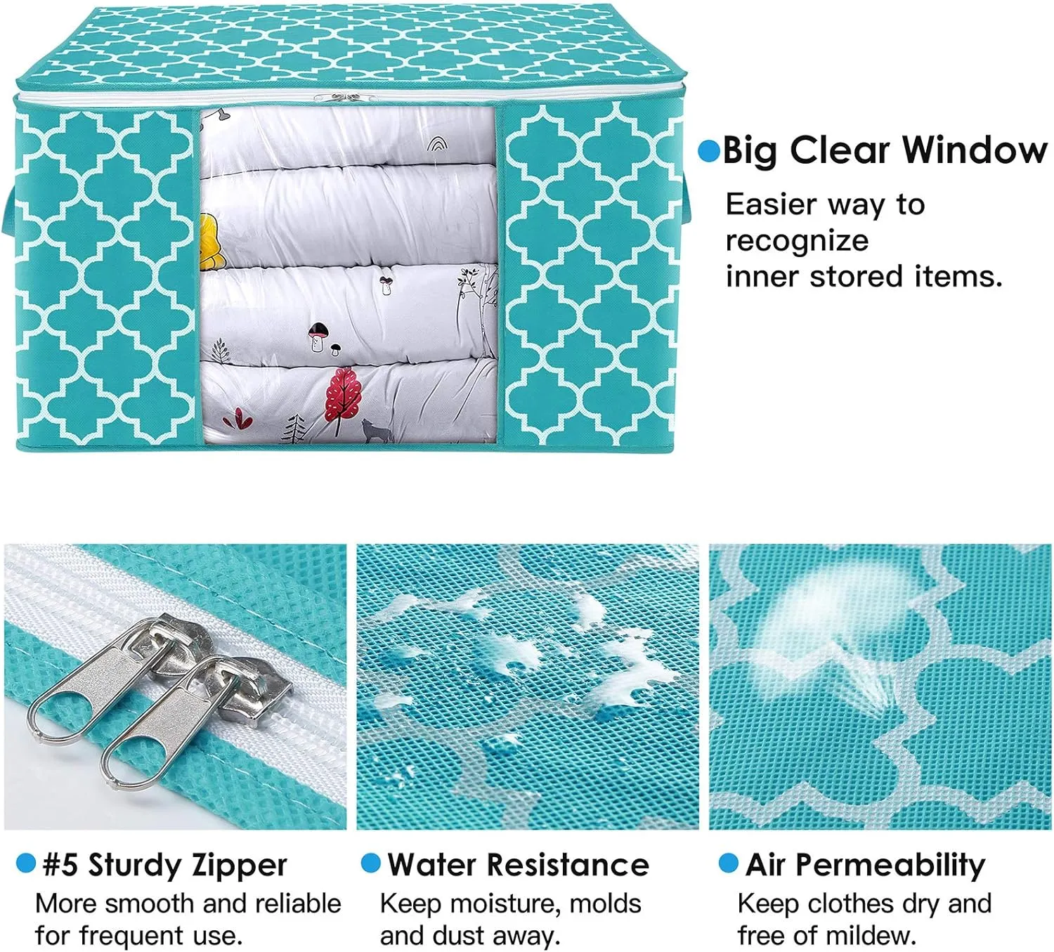 WISELIFE Storage Bags 100L 3-Pack Large Blanket Clothes Organization and Storage Containers for Bedding, Comforters, Foldable Organizer with Reinforced Handle, Clear Window, Sturdy Zippers,Green