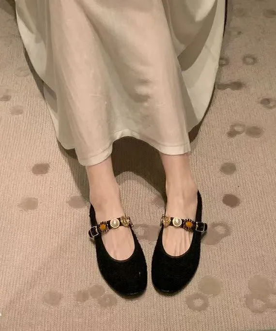 Women Buckle Black Strap Splicing Flat Woolen Shoes