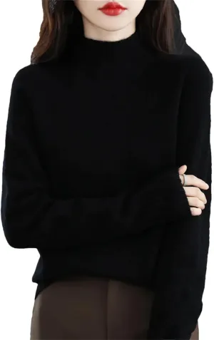 Women Long Sleeve Cashmere Knitted Sweaters Spring Autume 100% Merino Wool Mock-Neck Pullover Tops