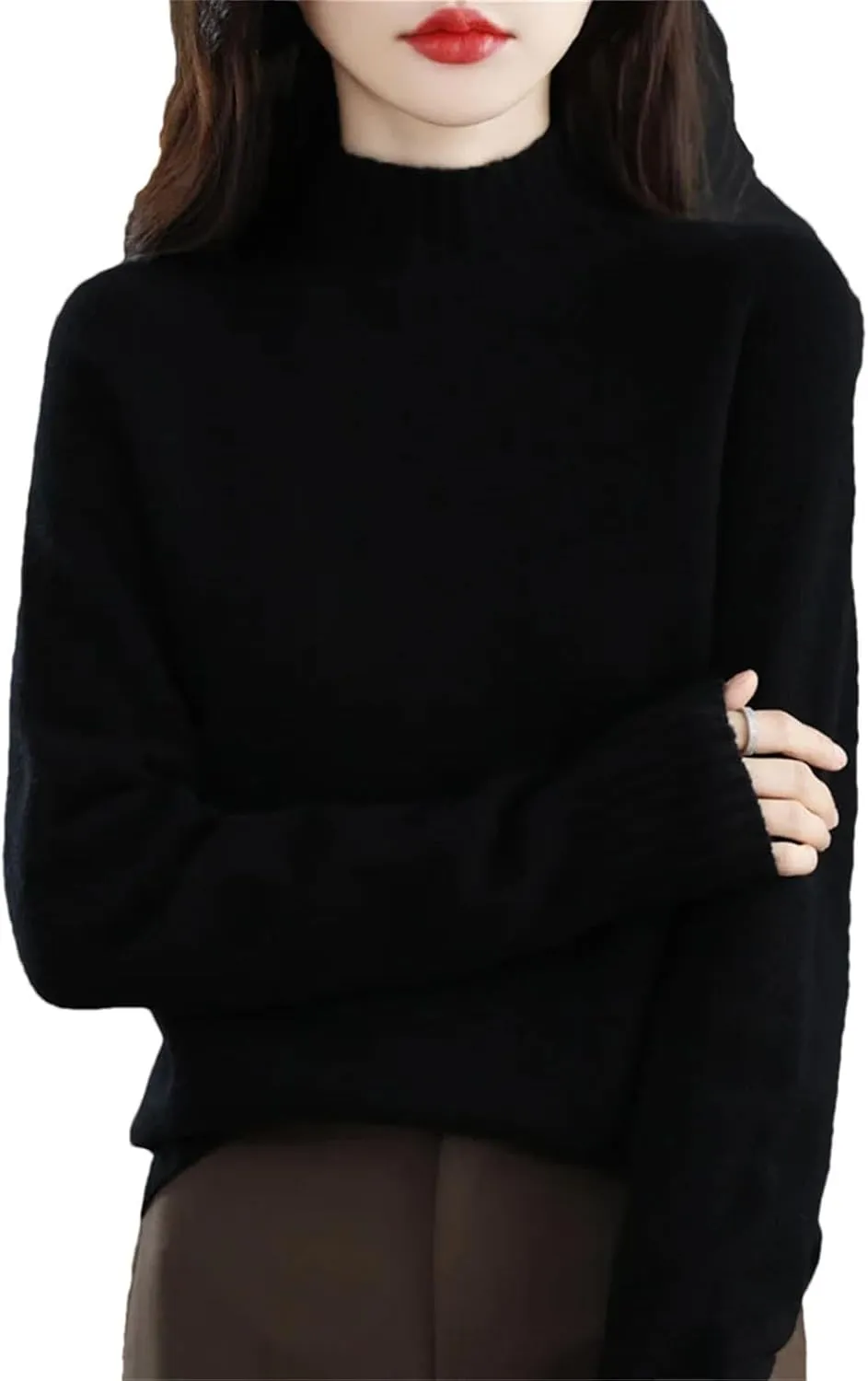 Women Long Sleeve Cashmere Knitted Sweaters Spring Autume 100% Merino Wool Mock-Neck Pullover Tops