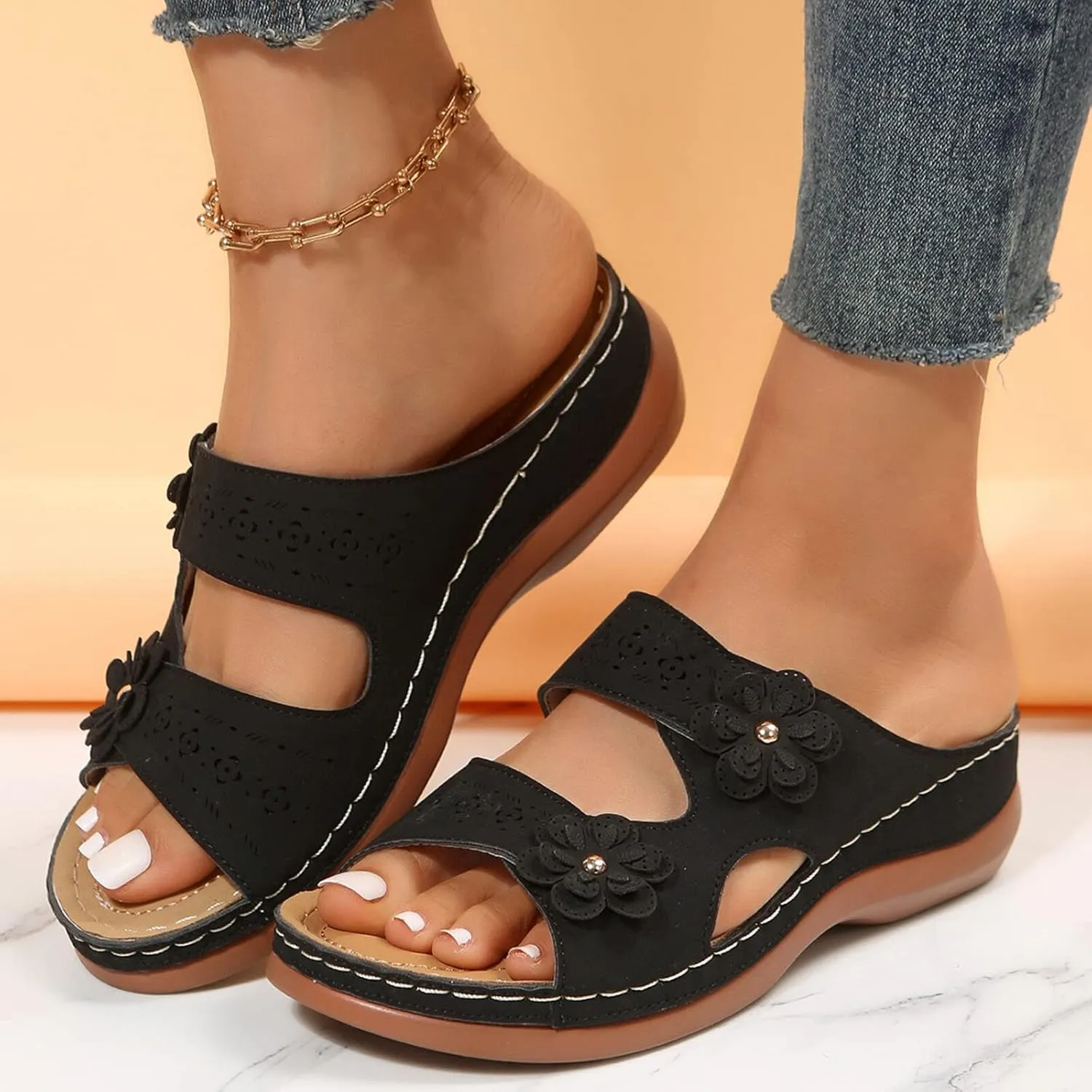 Women Sandals Fashion Summer New Pattern Flower Decoration Open Toe Breathable Comfortable Sandals Women Shoes