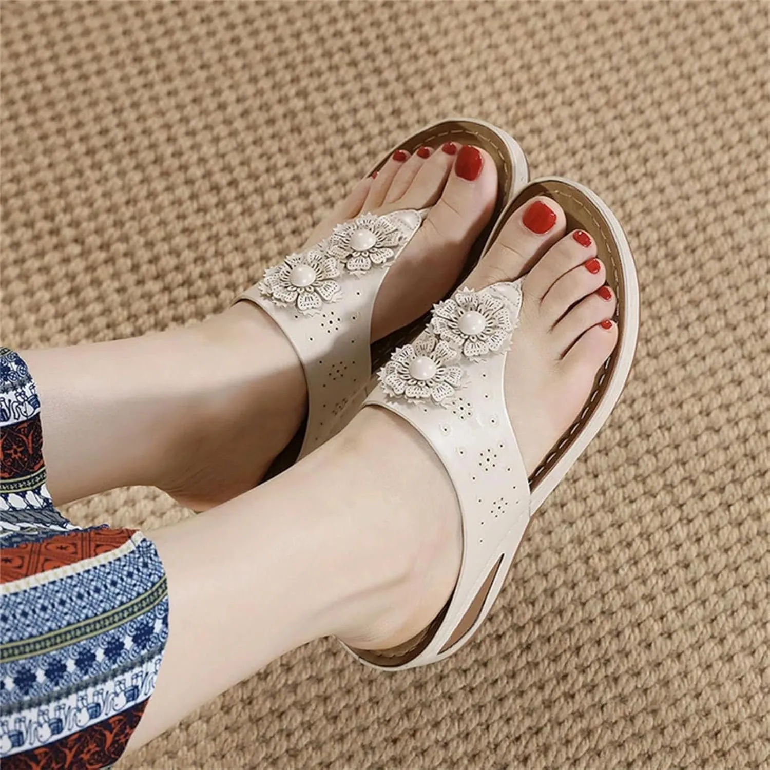 Women's Arch Support Flip-Flops - Leather Wedge Beach Walking Casual