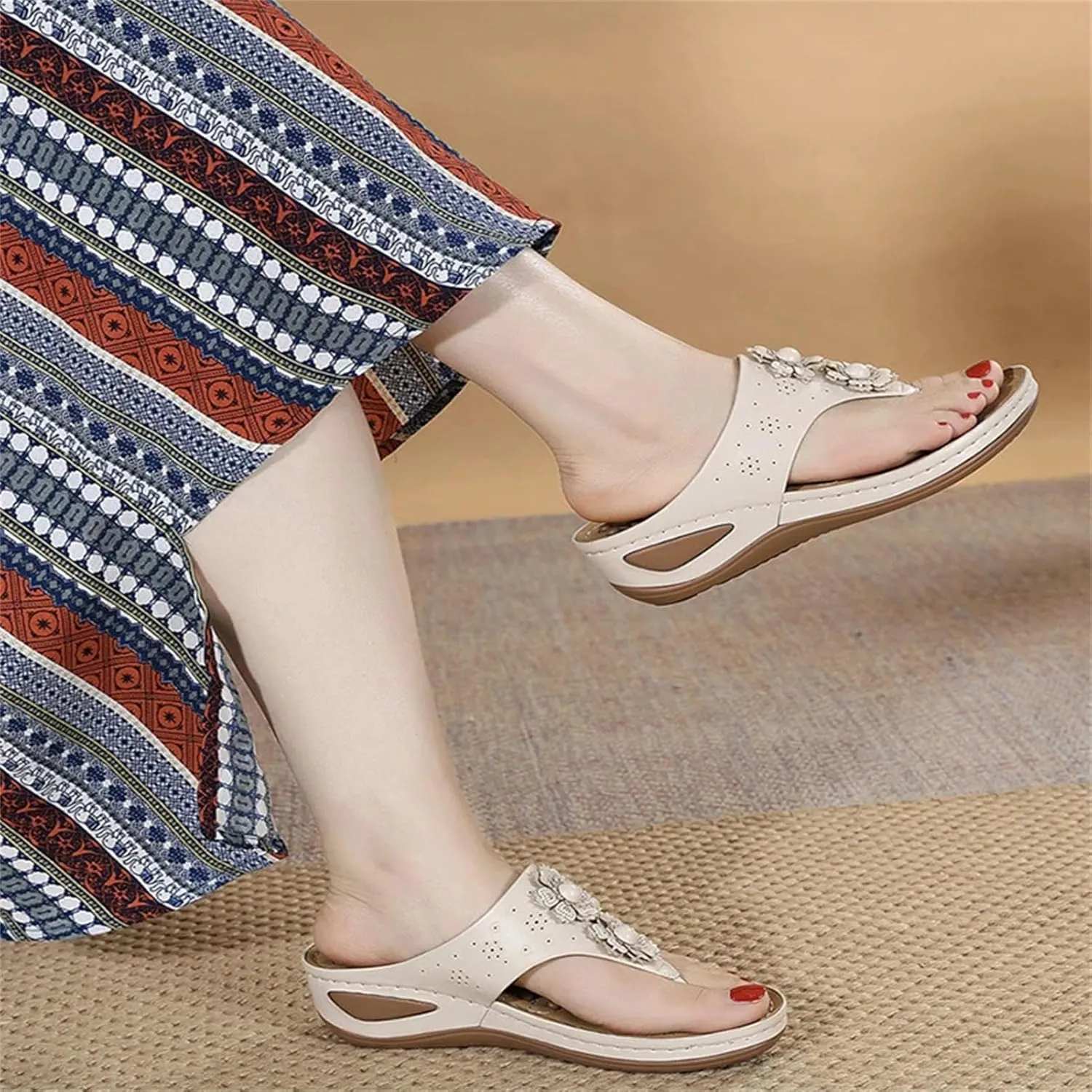 Women's Arch Support Flip-Flops - Leather Wedge Beach Walking Casual