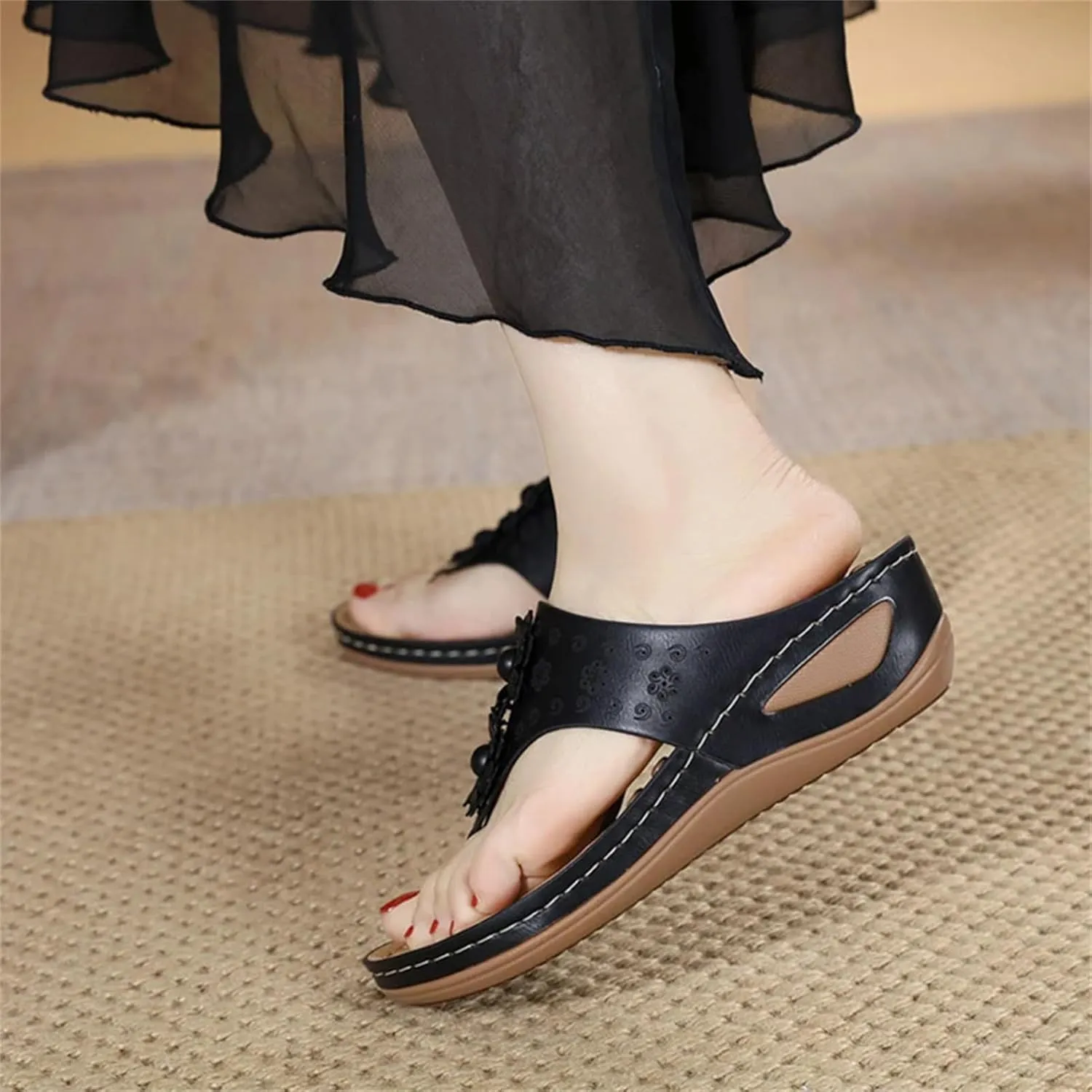 Women's Arch Support Flip-Flops - Leather Wedge Beach Walking Casual
