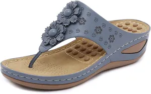 Women's Arch Support Flip-Flops - Leather Wedge Beach Walking Casual