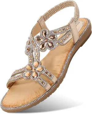 Women's Beaded Rhinestones Sandals T-Strap Bohemian Sandals Breathable Dressy Summer Shoes Outdoor
