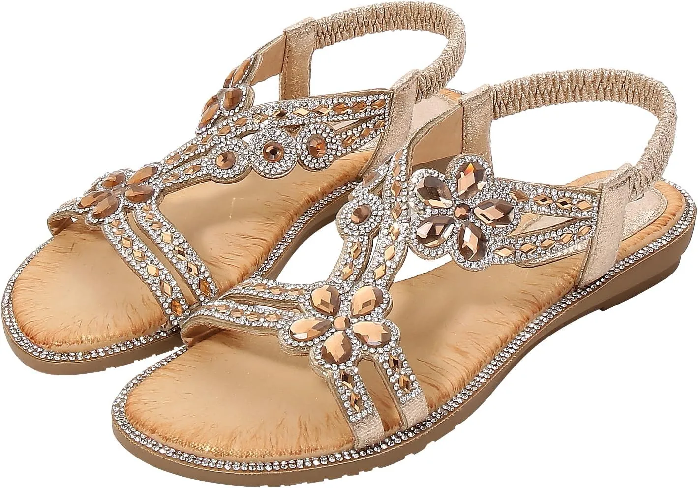 Women's Beaded Rhinestones Sandals T-Strap Bohemian Sandals Breathable Dressy Summer Shoes Outdoor