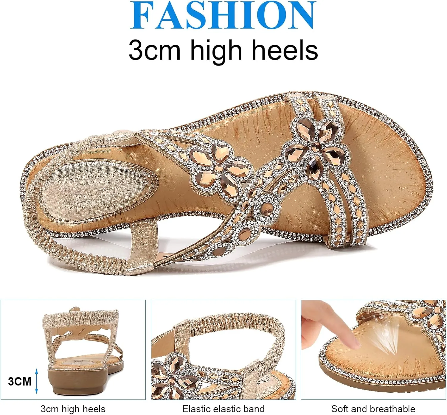 Women's Beaded Rhinestones Sandals T-Strap Bohemian Sandals Breathable Dressy Summer Shoes Outdoor