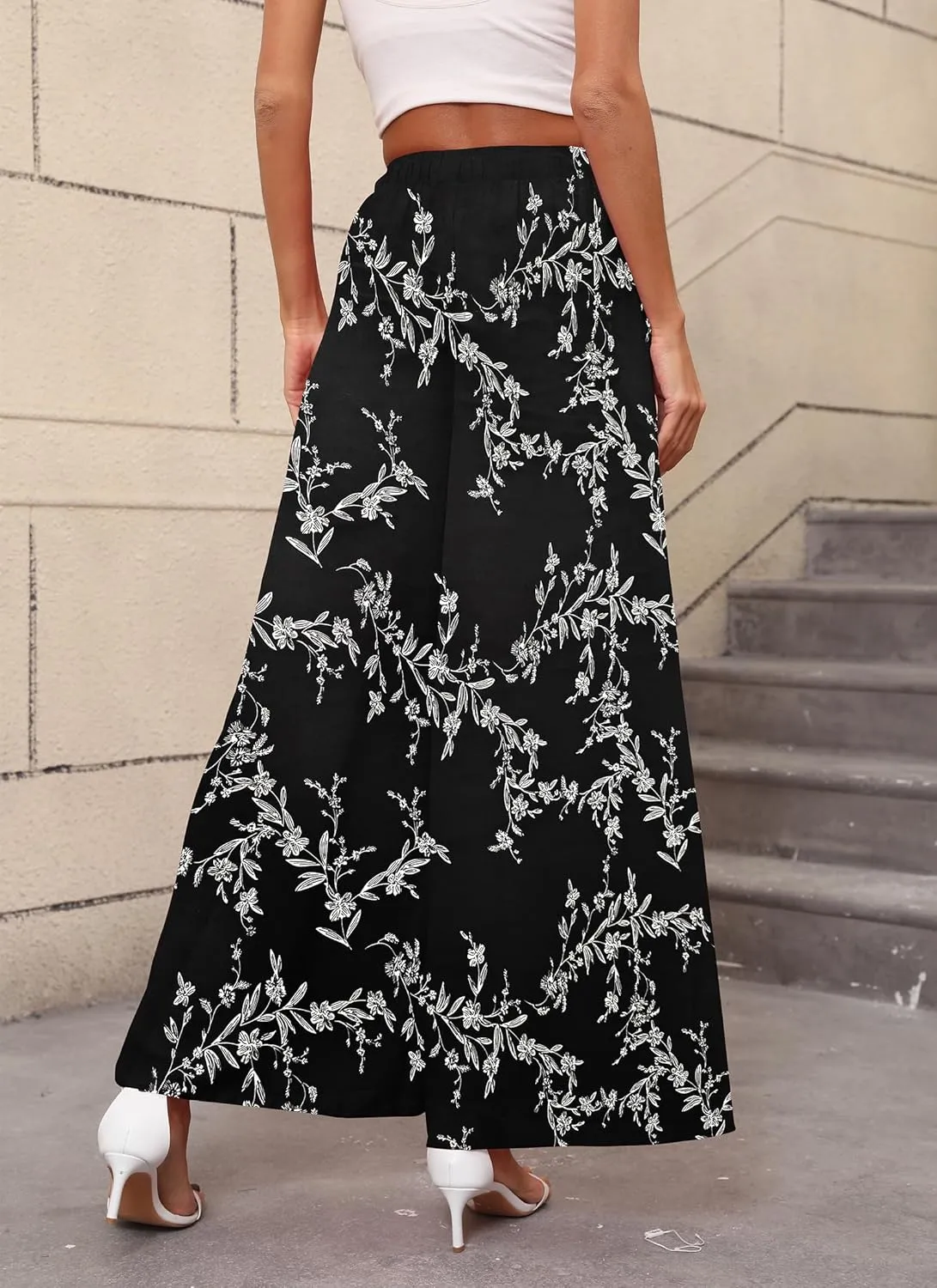 Women's Chiffon Dress Palazzo Pants Beach Wide Leg Elastic Waist Trouser Elegant Flowy High Waisted Ladies Lounge