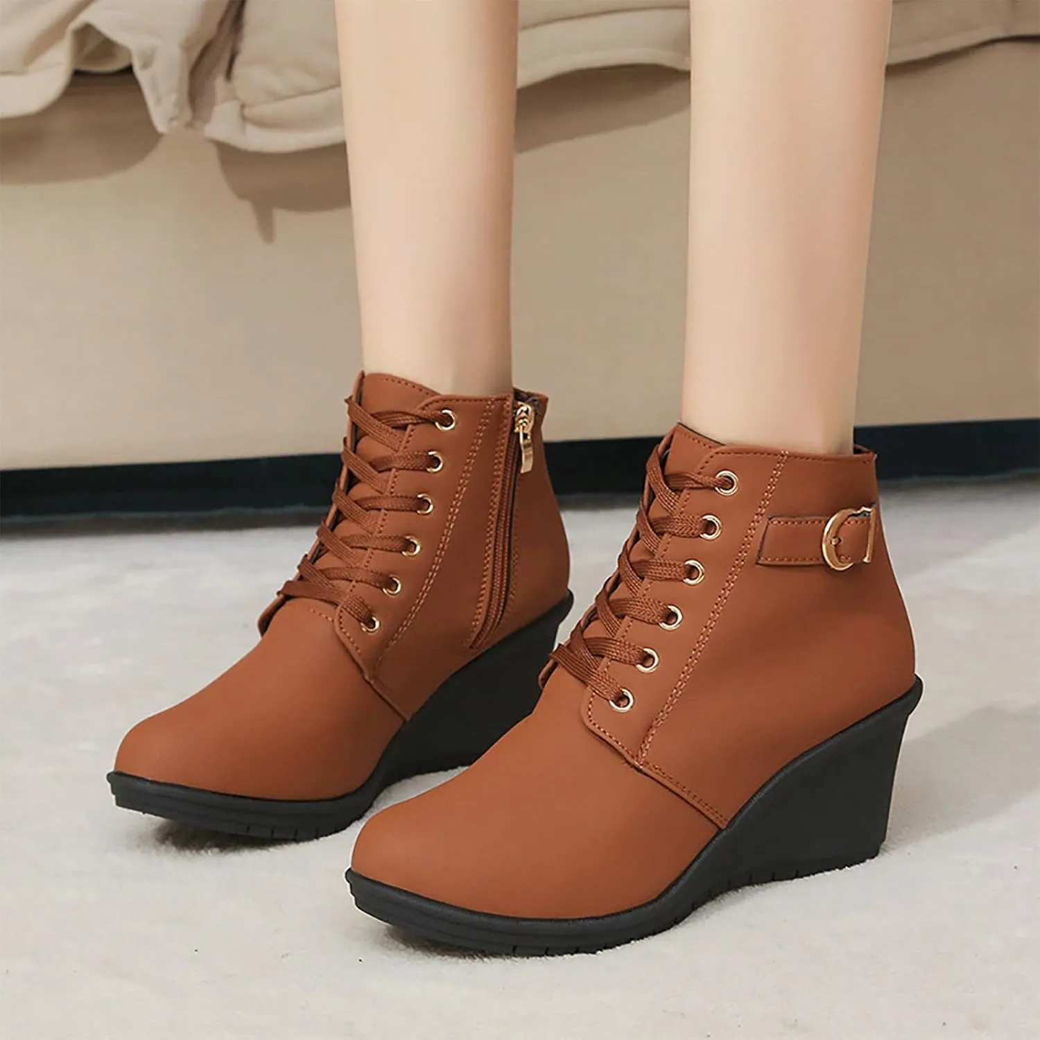 Womens Clasical Ankle Booties Lace-Up Zipper Breathable Lining Flat Ankle Combat Boots Crown Vintage Boots Shoes