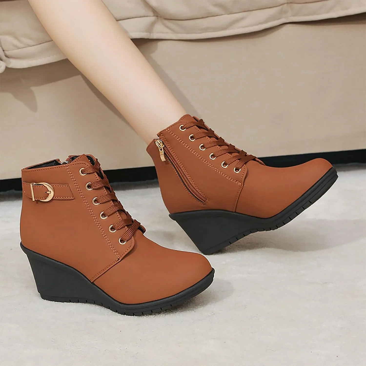 Womens Clasical Ankle Booties Lace-Up Zipper Breathable Lining Flat Ankle Combat Boots Crown Vintage Boots Shoes