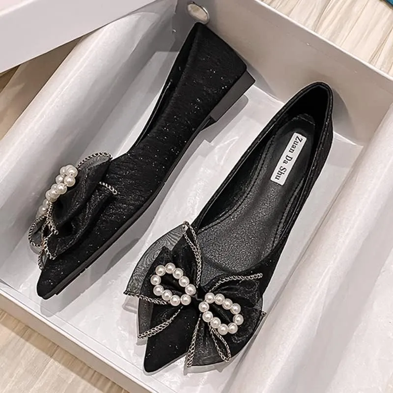 Women's Classy Pointed Toe Ballerina Ballets with Sparkly Rhinestone Bow-Knot Breathable Flat Shoes