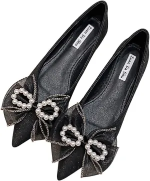 Women's Classy Pointed Toe Ballerina Ballets with Sparkly Rhinestone Bow-Knot Breathable Flat Shoes