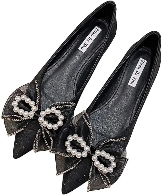 Women's Classy Pointed Toe Ballerina Ballets with Sparkly Rhinestone Bow-Knot Breathable Flat Shoes