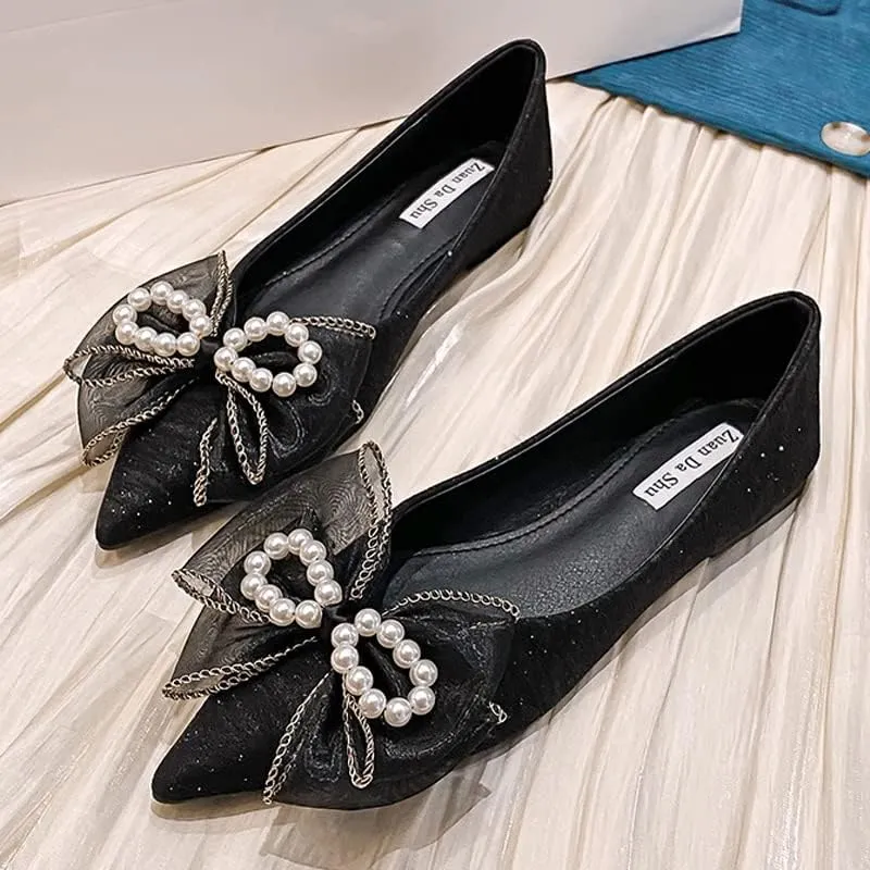 Women's Classy Pointed Toe Ballerina Ballets with Sparkly Rhinestone Bow-Knot Breathable Flat Shoes