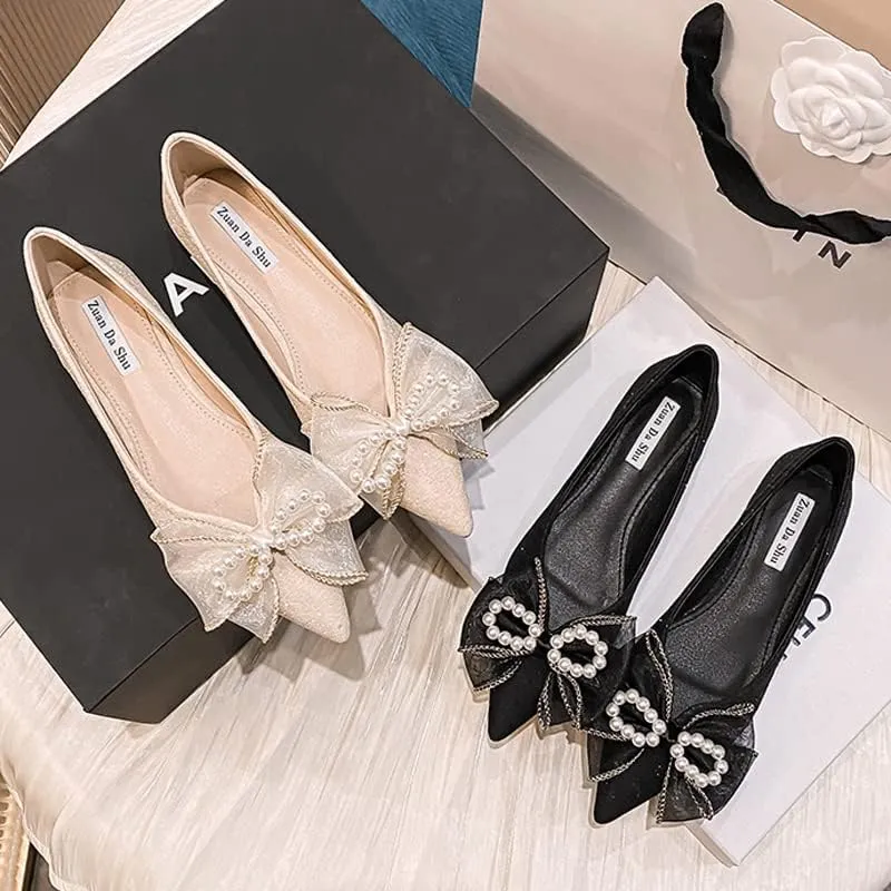 Women's Classy Pointed Toe Ballerina Ballets with Sparkly Rhinestone Bow-Knot Breathable Flat Shoes