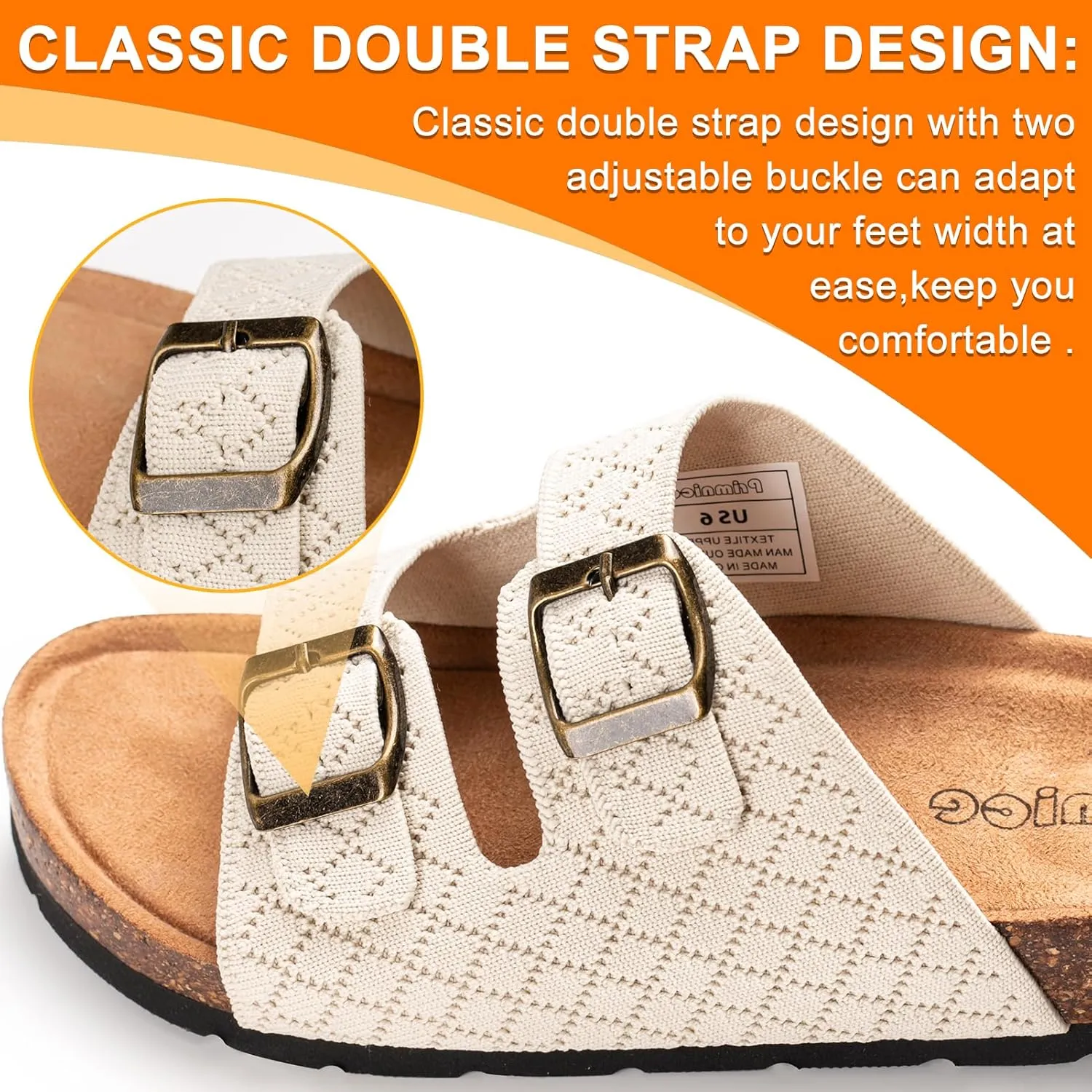 Women's Comfy Arch Support Cork Footbed Adjustable Knitting Straps Indoor and Outdoor Slides Sandals