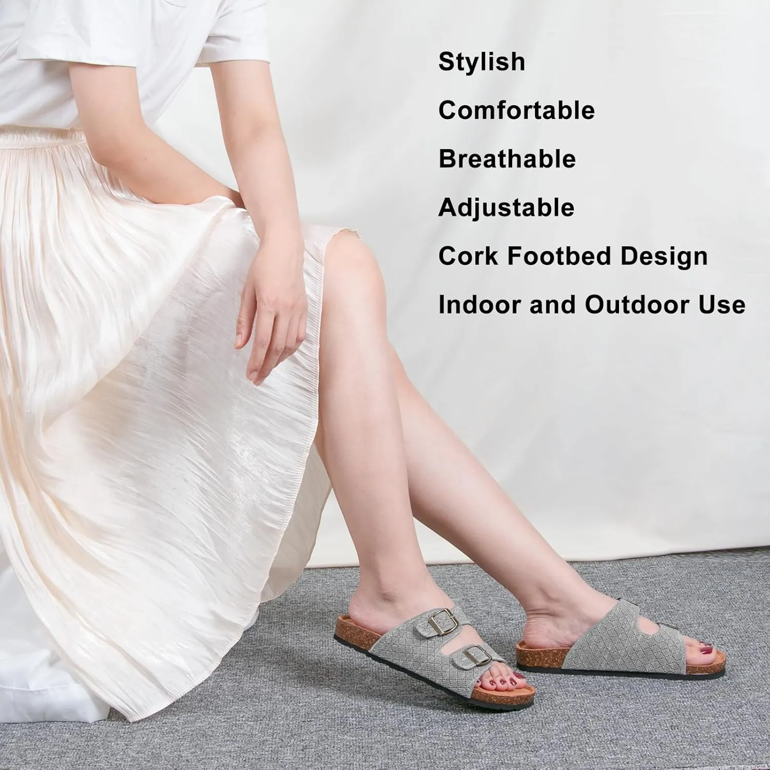 Women's Comfy Arch Support Cork Footbed Adjustable Knitting Straps Indoor and Outdoor Slides Sandals