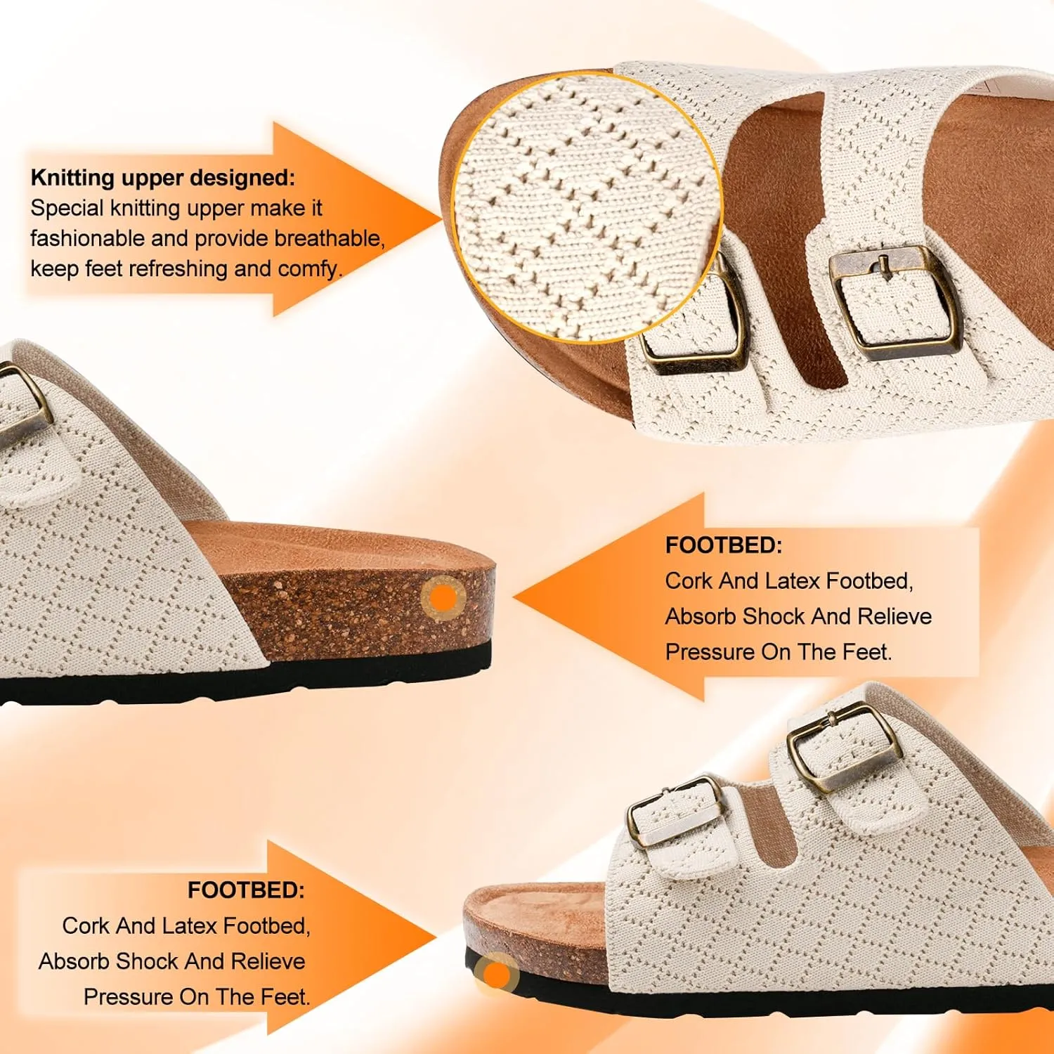Women's Comfy Arch Support Cork Footbed Adjustable Knitting Straps Indoor and Outdoor Slides Sandals